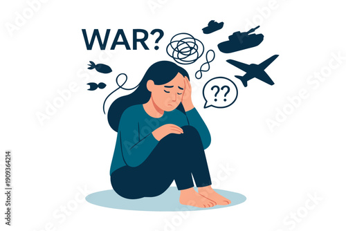 A worried woman sitting on the ground with thoughts of war