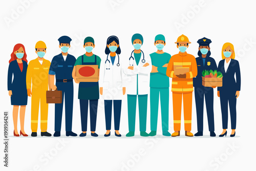 A diverse group of professionals wearing face masks standing together in unity