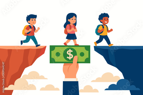 A hand offering money to students crossing a gap between two cliffs