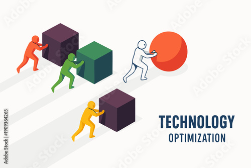 A vector graphic illustration of people pushing blocks and a sphere for technology optimization