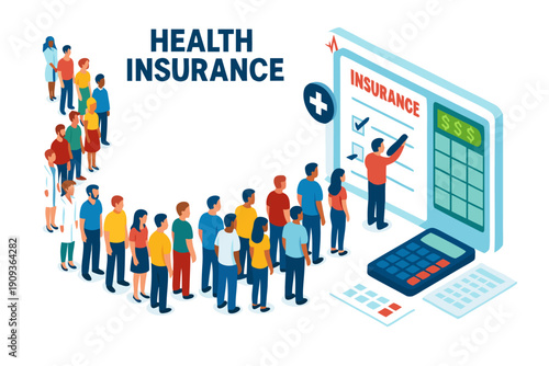 A vector graphic illustration of people waiting for health insurance