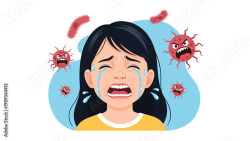 Crying young girl surrounded by red angry-faced virus or bacteria symbols representing childhood illness and infections.