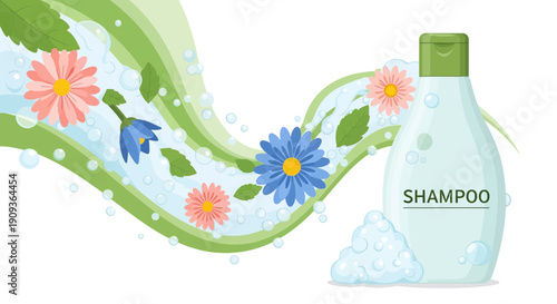 Natural Shampoo Bottle with Floral Wave and Bubbles - Organic Beauty Product