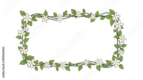 Rectangular floral frame made of green vines and small white jasmine-like flowers with yellow centers on white background.