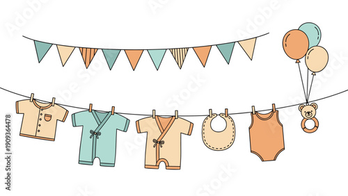 Baby clothes and accessories hanging on a line under colorful bunting flags with balloons and a bear toy for a baby shower.