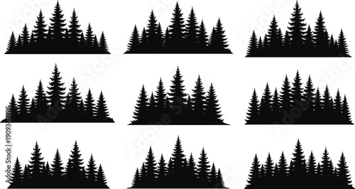 Collection of nine black pine tree silhouettes isolated on white background, vector illustration for nature landscape design or camping logo.
