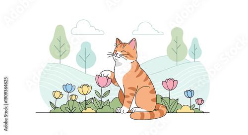 Orange Tabby Cat Sitting in a Field of Pastel Flowers and Trees
