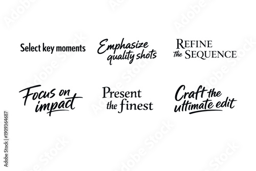 Inspirational typography phrases on creative processes and filmmaking