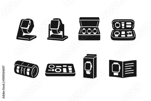 Black silhouette icons of smartwatches and accessories displayed on stands and packages