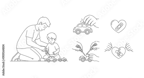 Father and son playing with toy cars, symbolizing care and repair