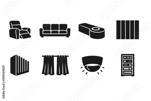 Home interior icons: recliner, sofa, blinds, hvac, curtains, security, server rack