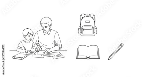Father and son studying together, school supplies, education concept