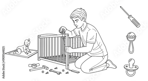 Father assembling a baby crib with tools and infant crawling nearby