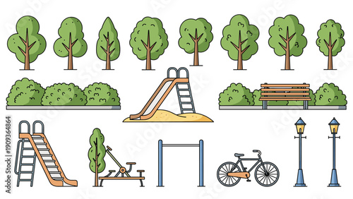 Set of playground and park design elements including different trees, bushes, slides, see-saw, bench, and street lamps.