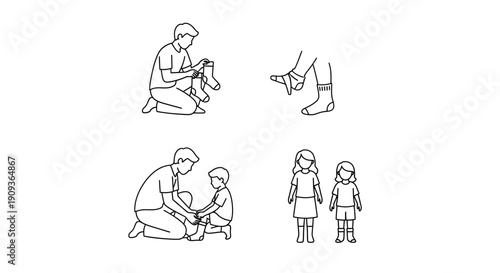 Father dressing child, putting on socks, family daily routine, care, love, childhood