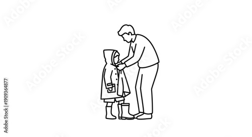 Father dressing child in raincoat and boots for rainy weather, line art illustration