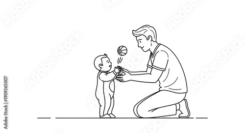 Father playing with baby, tossing ball, happy family bonding, simple line art