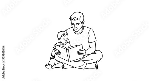 Father Reading Book to Child, Family Bonding, Education, Love, Story Time, Black and White Line Art