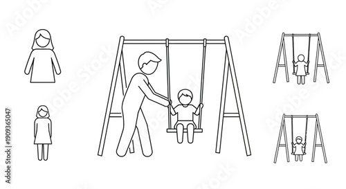 Father Pushing Child on Swing, Playground Icons, Family Fun