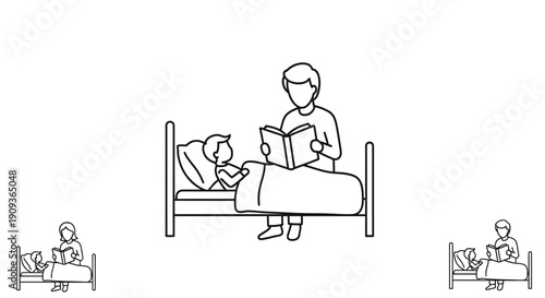 Father reads bedtime story to child in bed, family bonding, illustration