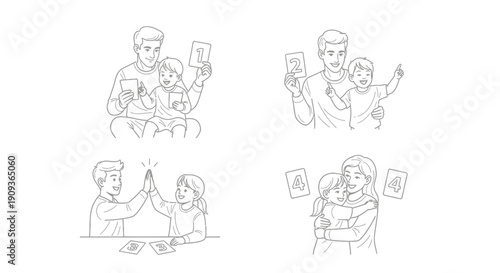 Father teaching child numbers and letters, high five, hug, learning, education, family bonding