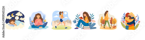 Self care lifestyle set with calm woman. Girl meditating, reading, sleeping, running, walking, meet with friends. Mindfulness bundle for mental health, wellness routines, positive lifestyle branding