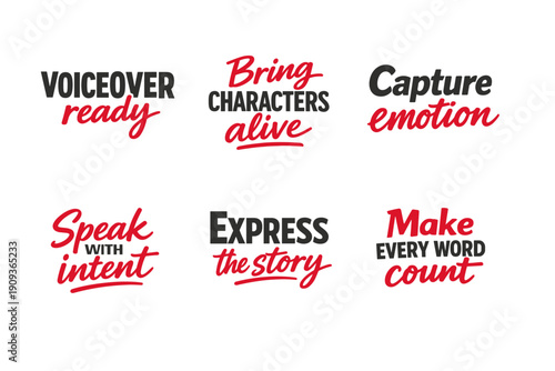 Inspirational text graphics promoting creative voiceover and storytelling