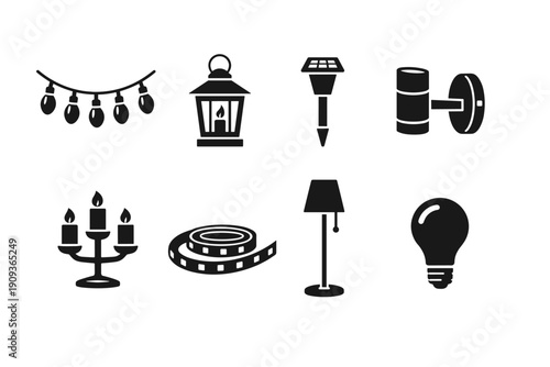 Set of black silhouette icons: outdoor and indoor lighting elements