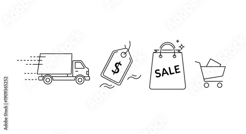 E-commerce Icons: Delivery Truck, Price Tag, Shopping Bag, and Cart