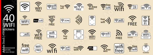 Wifi zone signal and free password vector with cool icon logo. Sticker sign symbol and router wave wlan with fi set round. Signage wifi network and area free public with access password black