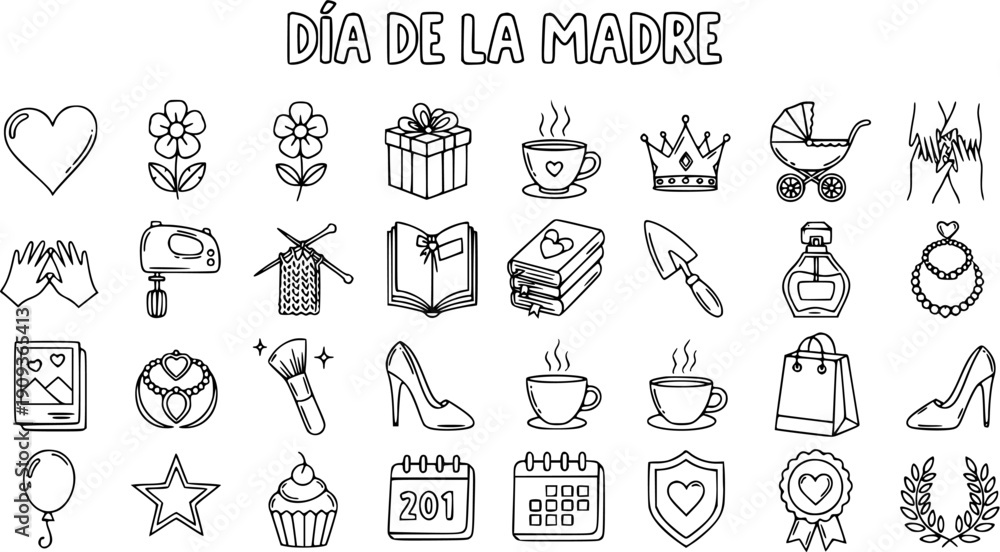 Fototapeta premium Mother's Day Motherhood Line Art Doodle Icons Collection - Black White Symbols for Family Celebration, Gifts, and Lifestyle.