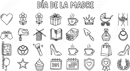 Mother's Day Motherhood Line Art Doodle Icons Collection - Black  White Symbols for Family Celebration, Gifts, and Lifestyle.