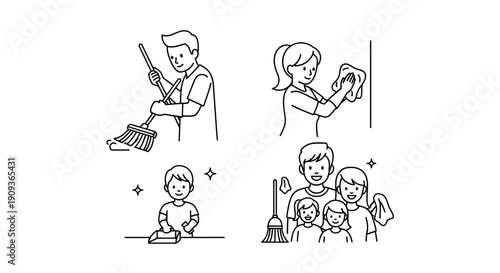 Family cleaning house together, sweeping, dusting, tidying up, domestic chores, happy home
