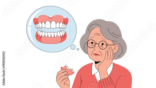 Elderly woman with a toothache holding her jaw and thinking about dentures while looking at an apple she wants to eat.