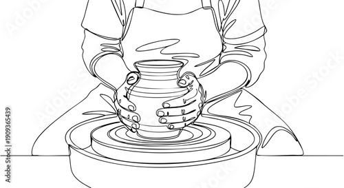 Abstract Continuous Single Line Art of a Mountain Landscape with a Rising Sun Symbol