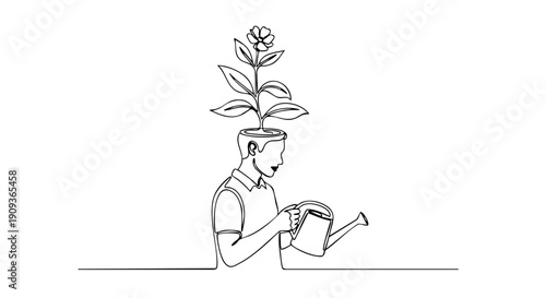 Abstract Continuous Single Line Art of a Mountain Landscape with a Rising Sun Symbol