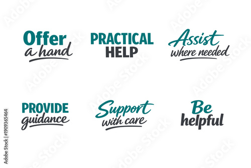 Empowering messages of support and help in teal and gray typography