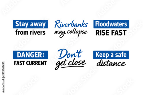 Safety warning signs about river flood dangers and fast currents