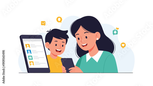 Happy mother and young son looking at a smartphone screen together with various social media icons floating around them.