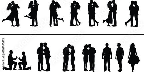 Couple Love Romance Romantic Silhouette Hug Kiss Proposal Relationship Valentine People Man Woman Dating Wedding Engagement Emotion Vector Illustration Set