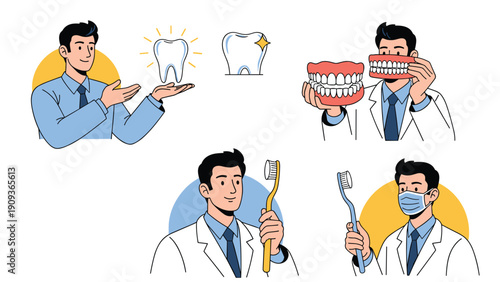 Collection of dental health illustrations featuring a male dentist, healthy teeth, dentures, toothbrush, and face mask.