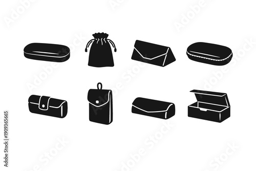 Variety of black silhouetted bags and containers with unique designs