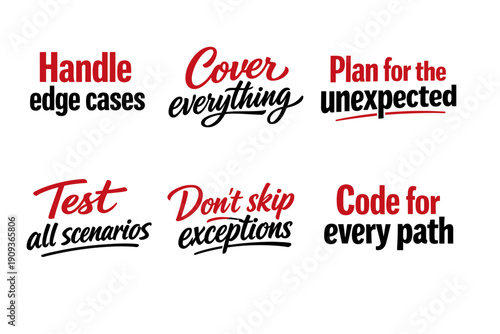 Comprehensive software testing phrases in bold and red typography