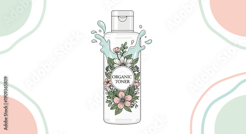 Organic Toner Bottle with Floral Design and Water Splash