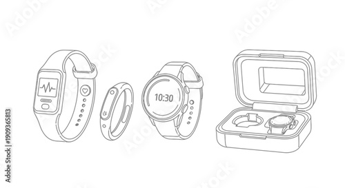 Collection of smartwatches and fitness trackers, digital devices for health and activity monitoring