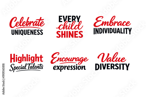 Inspirational quotes in bold red and black typography celebrating individuality and diversity