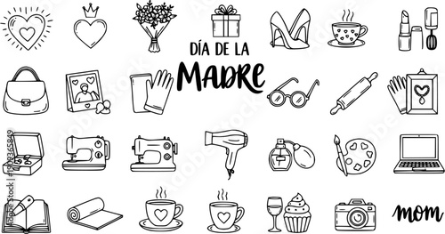 Mother's Day Icons in Black  White Line Art: Heart, Gift, Flowers, Mom, Beauty, Craft, Baking, Camera