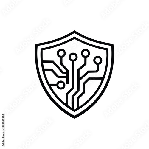 Black and white shield with circuit board lines icon for programming cybersecurity and artificial intelligence protection