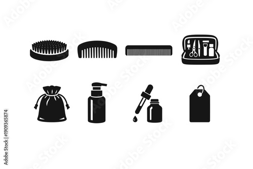 Set of grooming and personal care icons in black silhouettes