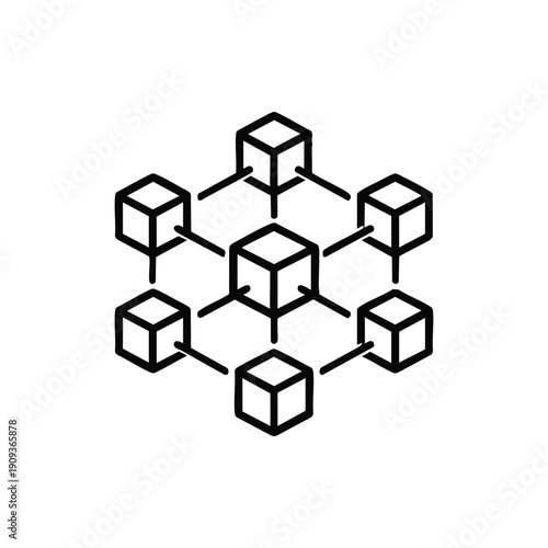 Black and white vector illustration of connected cubes symbolizing programming artificial intelligence and blockchain network technology